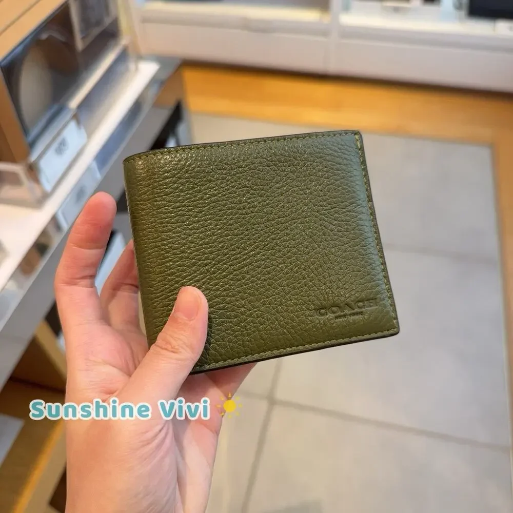 NWT Coach Men Id Billfold Wallet CFG61 Refined pebble leather Olive